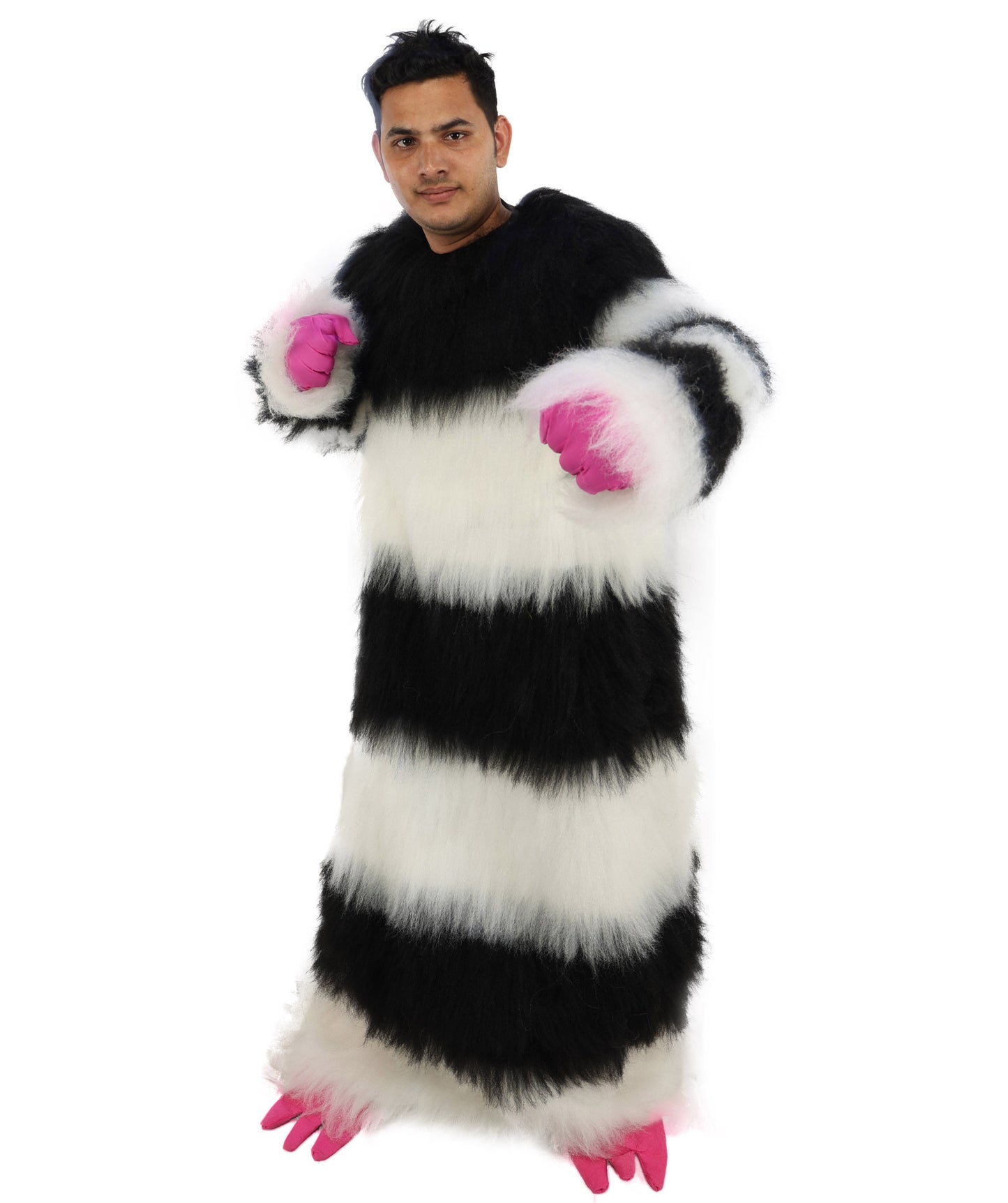HPO Unisex Spiky Monster Headwear Costume Bundle & Mask Set | Pink spiked top with black and white striped body voluminous flame-retardant synthetic fiber mask construction | Party, Halloween, cosplay, theater, drag, performance, costume events