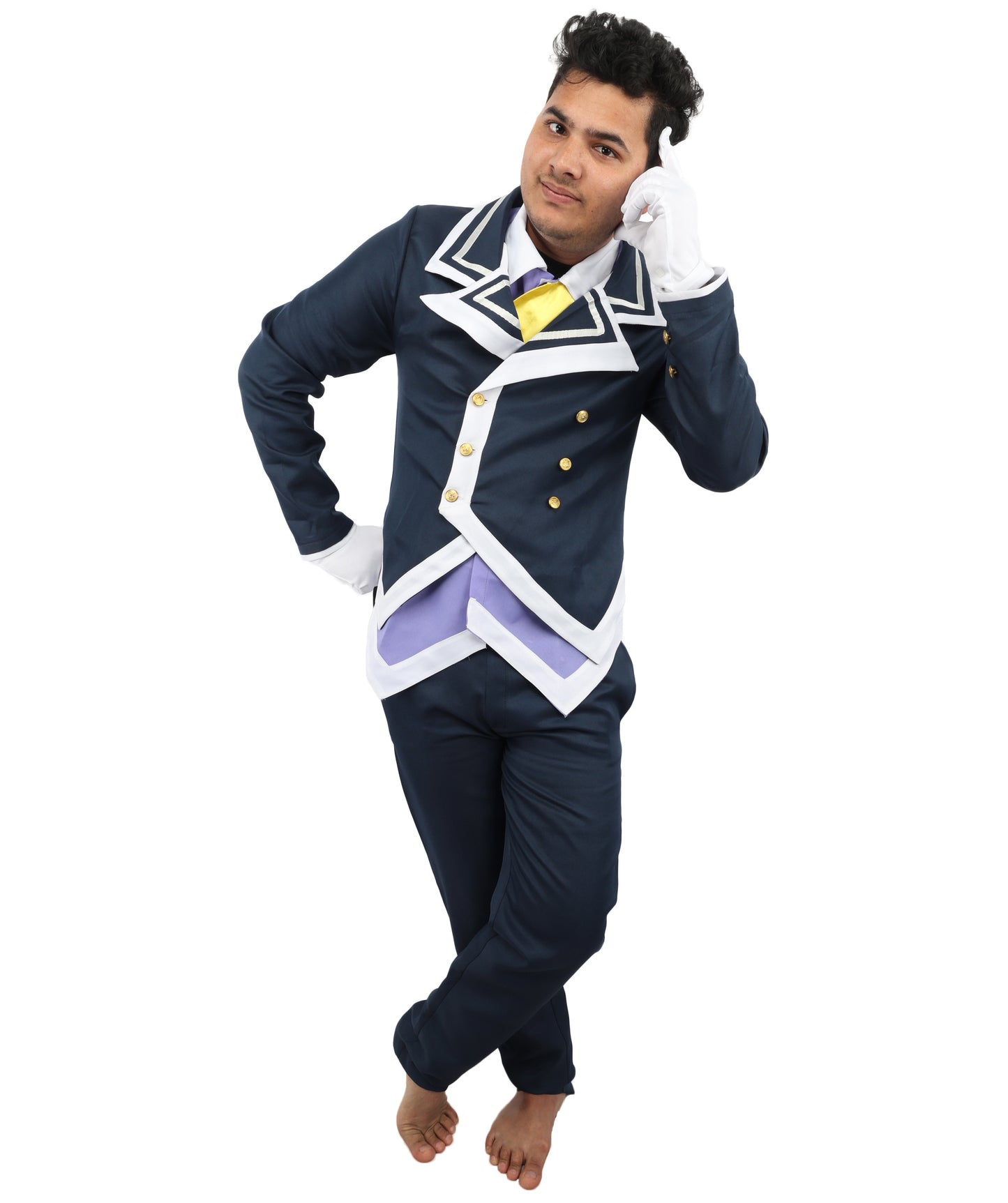 HPO Men's Noble Demon Duke Cosplay Navy Blue & White Suit | Includes Coat Pants Mock-Up Shirt Gloves | Crafted from Flame-retardant Synthetic Fabric | Adjustable Straps for Secure Fit