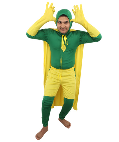 HPO Men's Cosplay Green & Yellow Costume - Red Cloak, Top, and Pants Full Set for Adults, Perfect for Themed Events