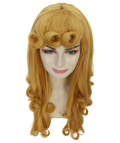 HPO Princess Golden Long Curly Wig | Radiant Fairytale Hairpiece with Voluminous Waves | Adjustable Breathable Cap for Cosplay, Halloween & Stage