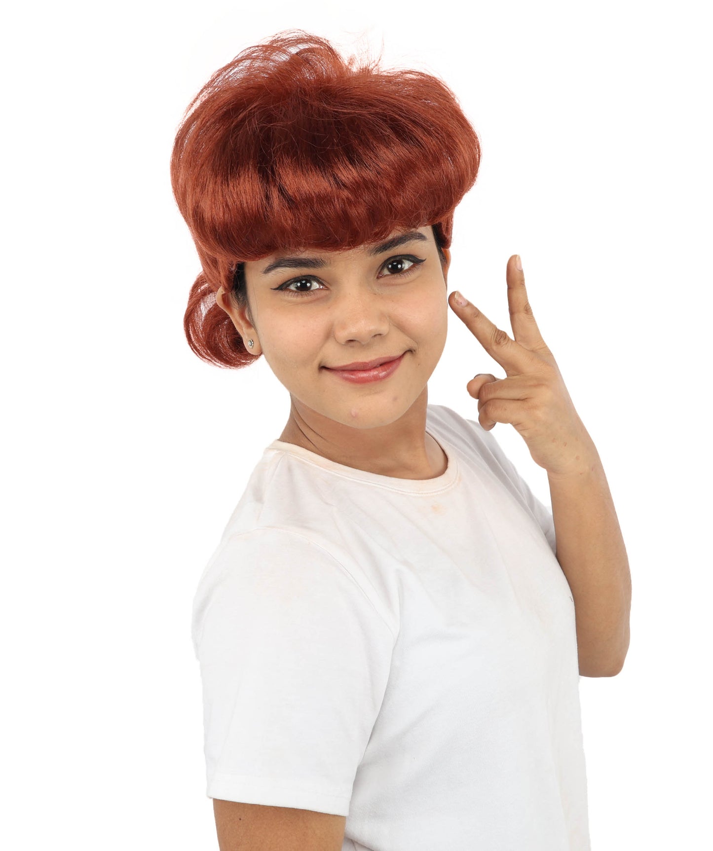 HPO Women's Retro Pin-Up Auburn Wig | Copper red tone, create of synthetic fiber, vintage curled bumper bangs with rolled back, breathable base | Party, Halloween, theater, drag, performance, costume events