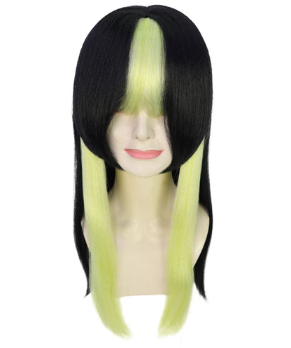 Women’s Straight Long Black & Green Anime Wig |  Hair with Twin Tails  | Ideal for Halloween | Breathable Capless Cap