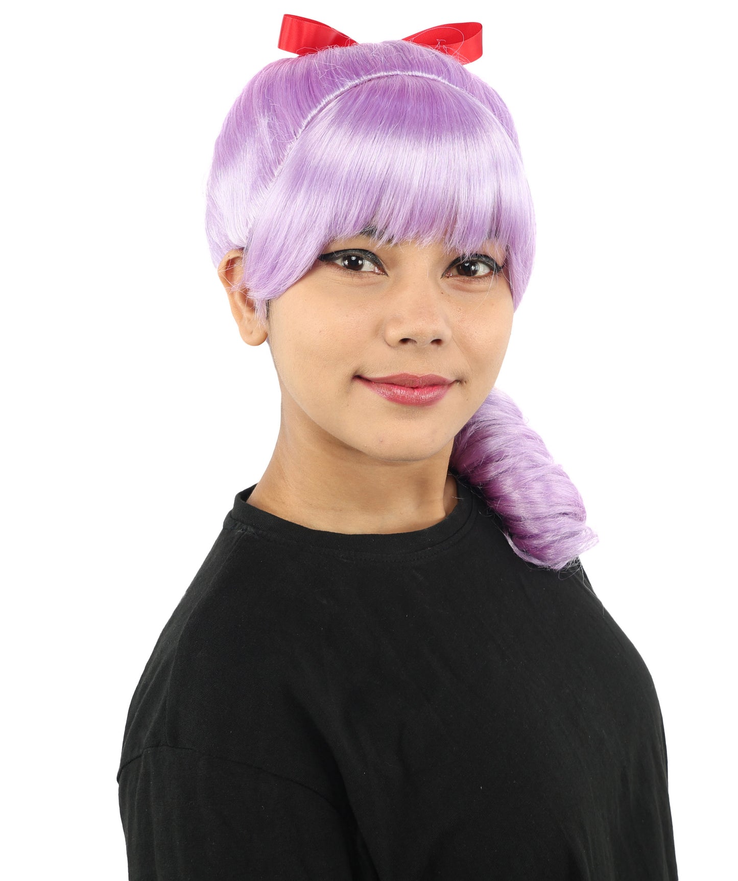 HPO Women's Spiral Ponytail Wig | Multicolor Options | High Updo with Red Ribbon Bow & Bangs, Heat Friendly Synthetic Fiber & Breathable Cap | Halloween, Christmas Event, Themed Party, Theater & Roleplay