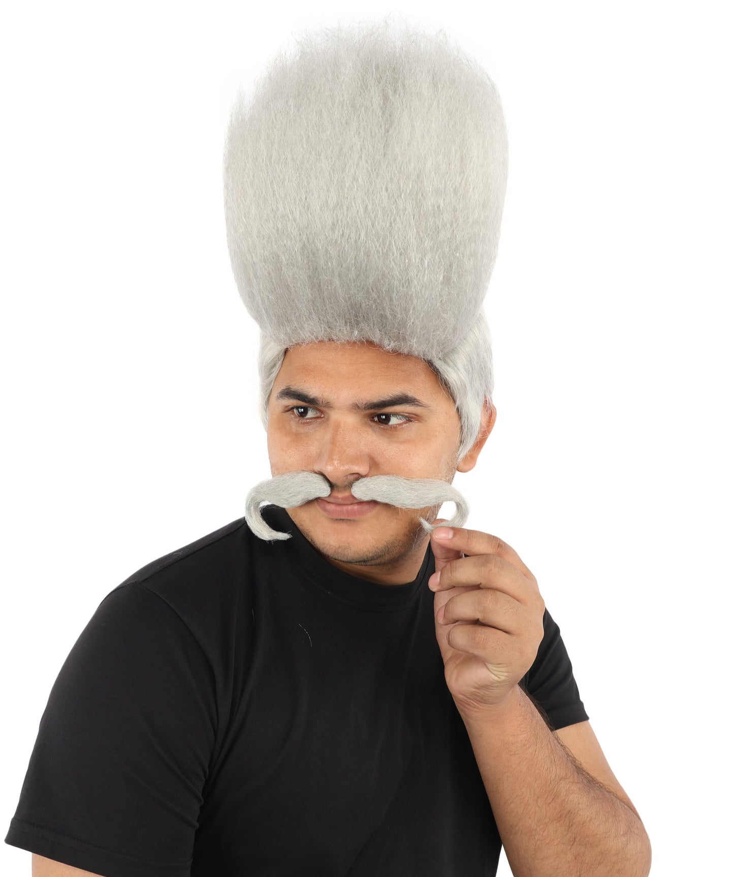 HPO Adult Men's Tall Flat Top Wig and Mustache | Vertical Dark Pompadour with Long Handlebar Facial Hair, Synthetic Fiber & Breathable Net | Halloween, Carnival, Stage Performance & Roleplay
