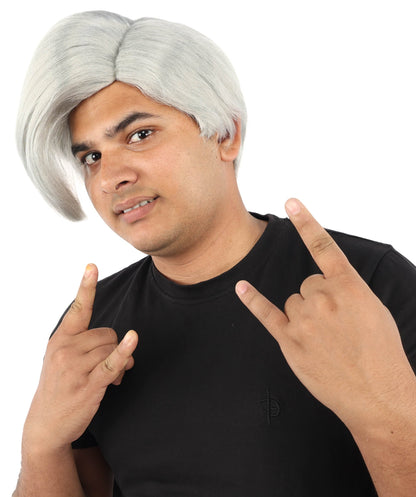 HPO Adult Men's Short Black Side Swept Wig | Thick Layered Bangs with Natural Texture,  Adjustable Cap | Halloween, Themed Party, Stage Performance & Roleplay