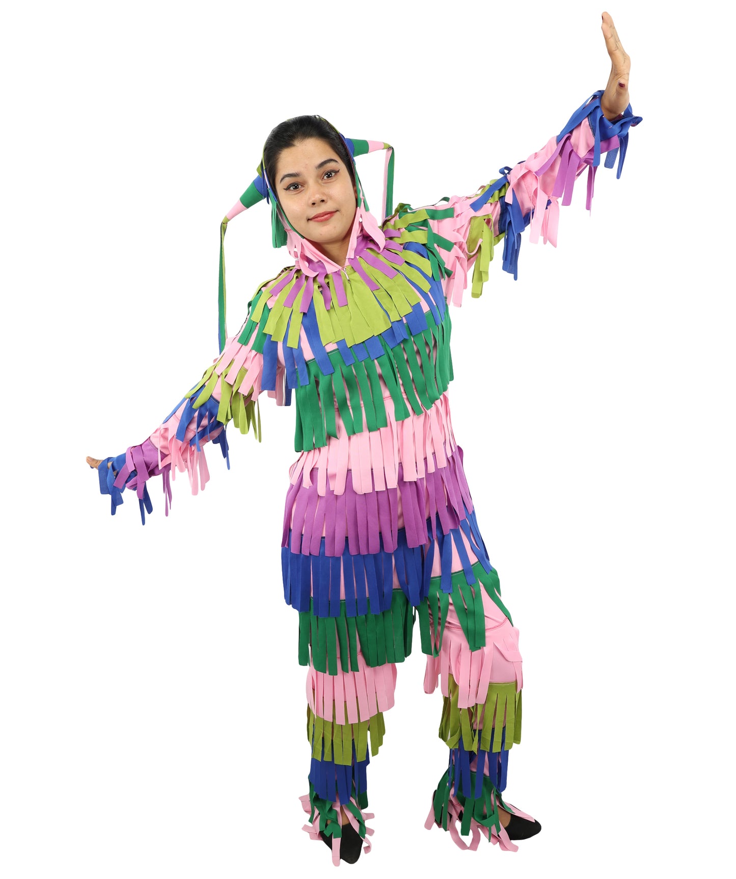 Bright Multicolored Pinata Jumpsuit Costume | Adult Funny Striped One-Piece with Fringe Details | Playful Outfit for Halloween, Cosplay, Parties & Festivals