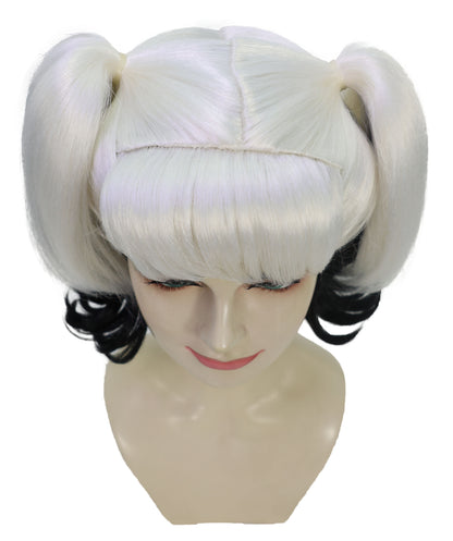 HPO Adult Women’s Black and White Pigtail Wig | Split Color Curly Hairpiece with Bangs | Ideal for Halloween, Cosplay, and Fancy Dress Wig