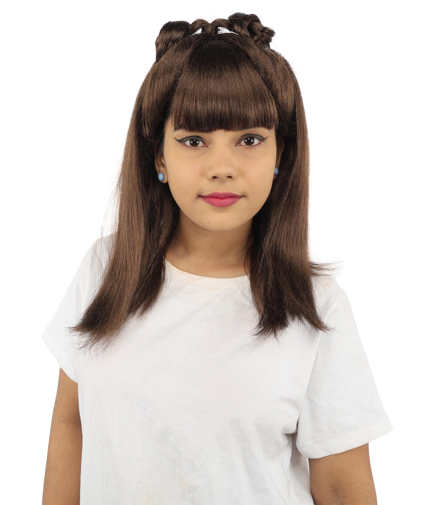 HPO Women's Brown & Pink Half Updo Bangs Wig | Create of synthetic fiber, blunt fringe with top bow, breathable base | Party, Halloween, theater, drag, performance, costume events
