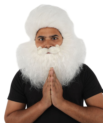 HPO Men's Holiday Character Wig Beard & Mustache Set | Fluffy white synthetic fibers with massive textured facial hair and capless construction | Essential for theatrical stage drag performance costume events and party