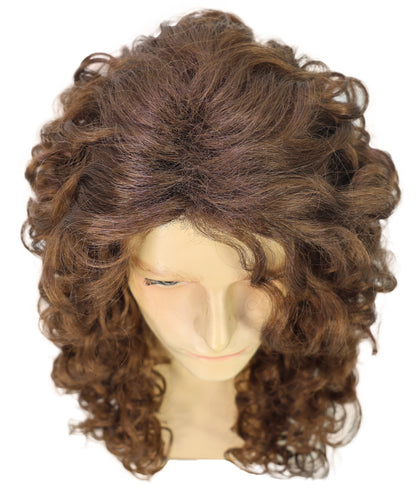 HPO Men Wig Hippie Rock Wavy Mahogany Brown Lightweight Synthetic Fiber, Perfect for 60s & 70s Costumes Halloween and Retro Events,Breathable cap for comfort