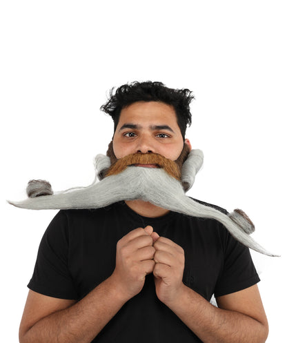 HPO Men's Classic Grey Handlebar Beard & Moustache with Long Curled Ends | Lightweight Fake Facial Hair | Synthetic Fiber Costume Facial Hair