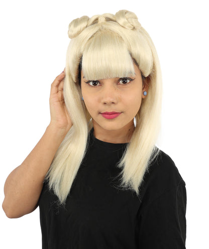 HPO Women's Brown & Pink Half Updo Bangs Wig | Create of synthetic fiber, blunt fringe with top bow, breathable base | Party, Halloween, theater, drag, performance, costume events