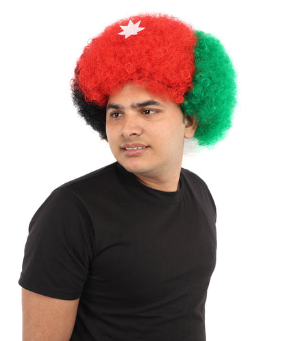 HPO Unisex Jordan Flag Clown Wig – Curly Red, Black, and Green Sport Hairpiece | Ideal for  National Celebrations & Parties