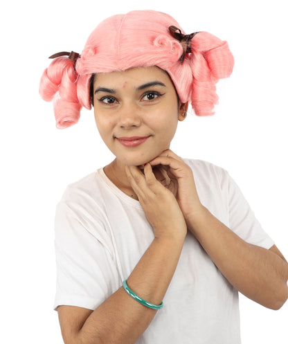 HPO Women's Golden White Mixed Curly Pigtail Wig | Messy Ringlet Twin Tails with Attached Fabric Ribbons, Synthetic Fiber & Breathable Cap | Halloween, Movie Character Roleplay, Costume Party & Theater