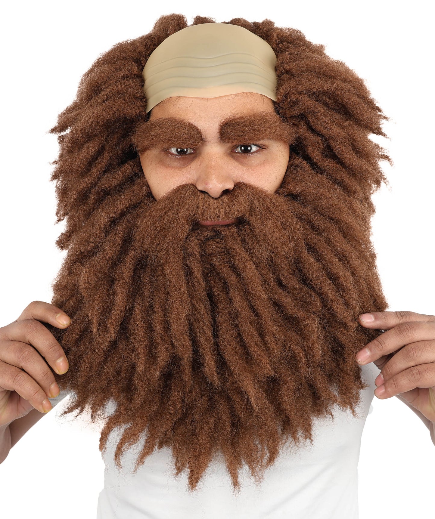 HPO Men's Bushy Brown Curly Beard Moustache Eyebrow and Wig Set | Wild Hair Look Costume Accessory with Bald Cap Design | Synthetic Fiber Wig Ideal for Stage Shows, Dress-Up & Party Events