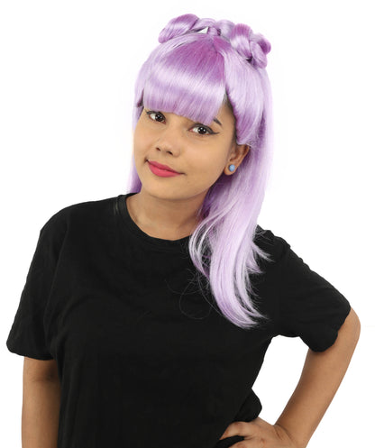 HPO Women's Brown & Pink Half Updo Bangs Wig | Create of synthetic fiber, blunt fringe with top bow, breathable base | Party, Halloween, theater, drag, performance, costume events