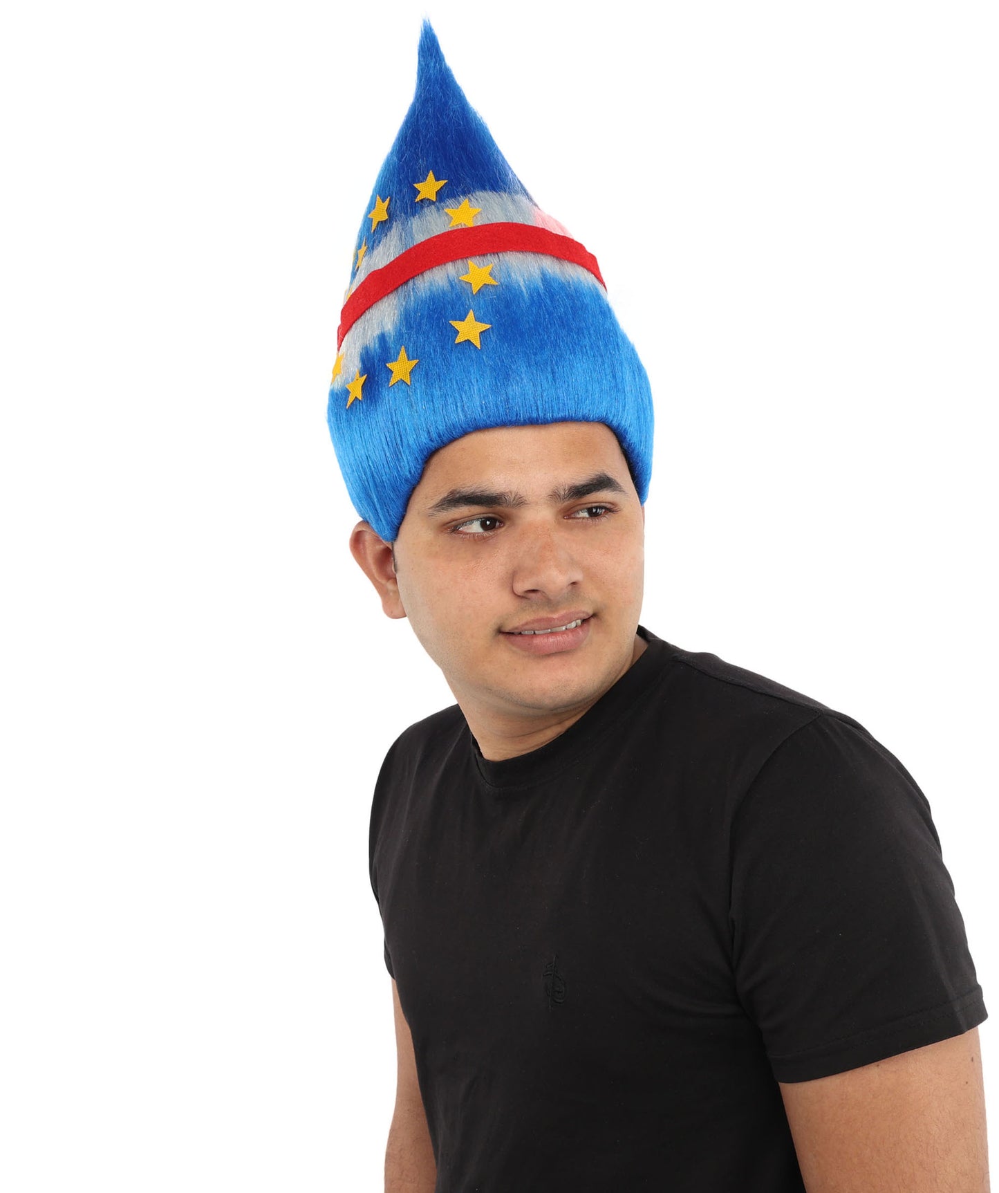 HPO Unisex Cabo Verde Sports Troll Wig – Spiky Fan Wig in National Colors for Patriotic Events and Football Matches | Synthetic Fiber Headpiece with Capless Cap