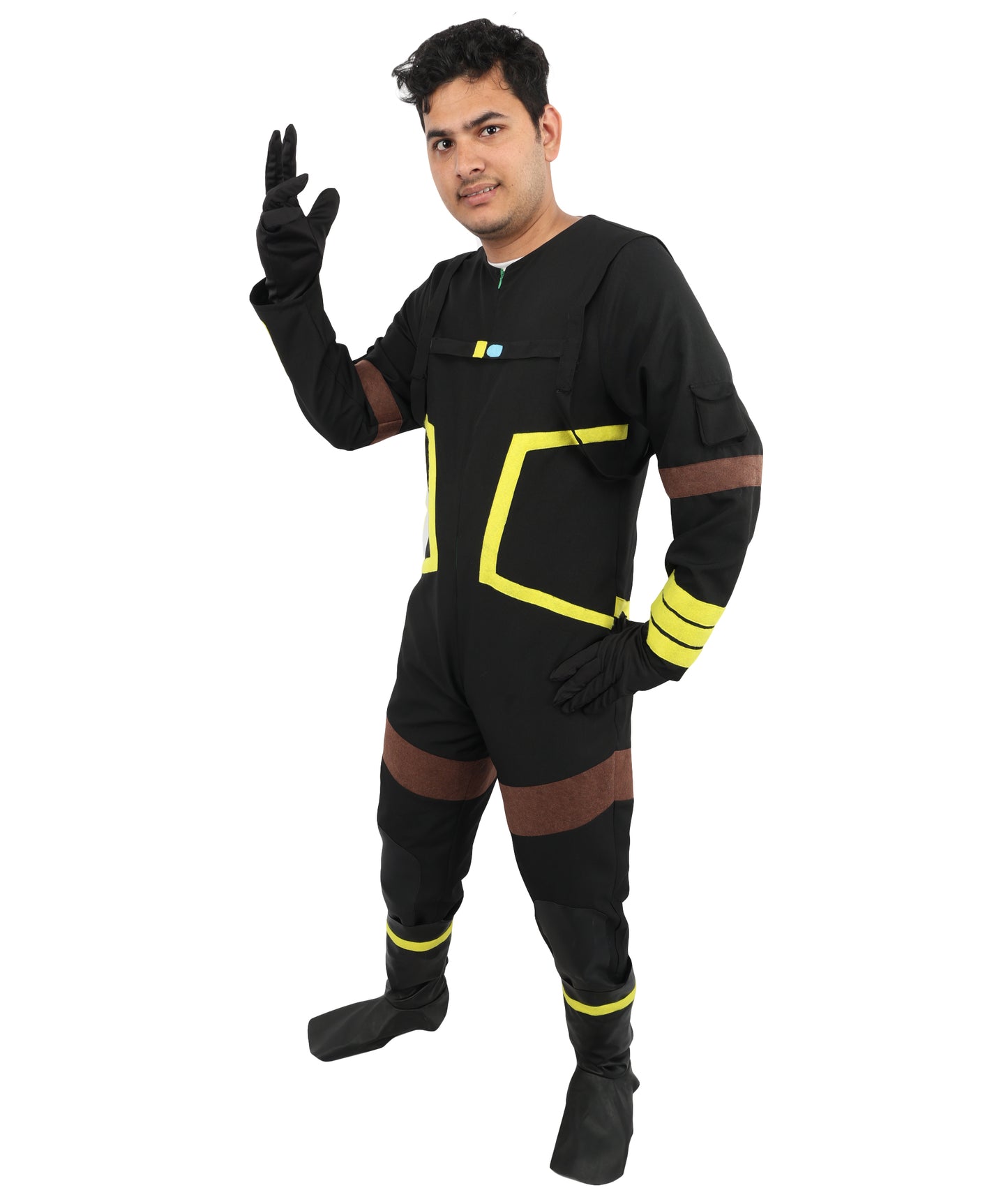 HPO Men's Deep Space Explorer Black Jumpsuit | Reflective PVC and Jersey Construction with Matching Hand Gloves and Leg Socks | Ideal for Cosplay, Halloween, Drag, and Galactic Theater Performances