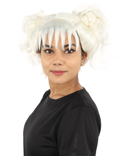 HPO Adult Women’s Messy Twin Bun Wig with Graphic Bangs | Multiple Color Options | Edgy Wig for Cosplay, Fashion Events, Halloween & Stage Wear | Adjustable Cap, Lightweight Synthetic Fiber
