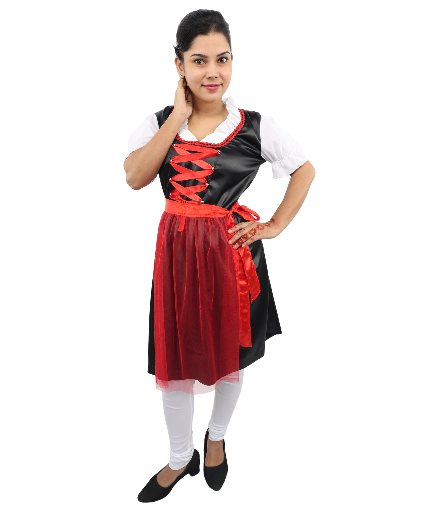 HPO Women’s Black & Red Traditional German Oktoberfest Costume – Classic Dirndl Dress