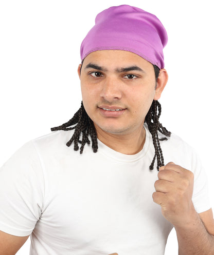 HPO Men’s Movie Character Inspired Black Braided Wig with Purple Head Wrap Hat | Flame-retardant Synthetic Fiber | Ideal Hairpiece for Cosplay & Halloween