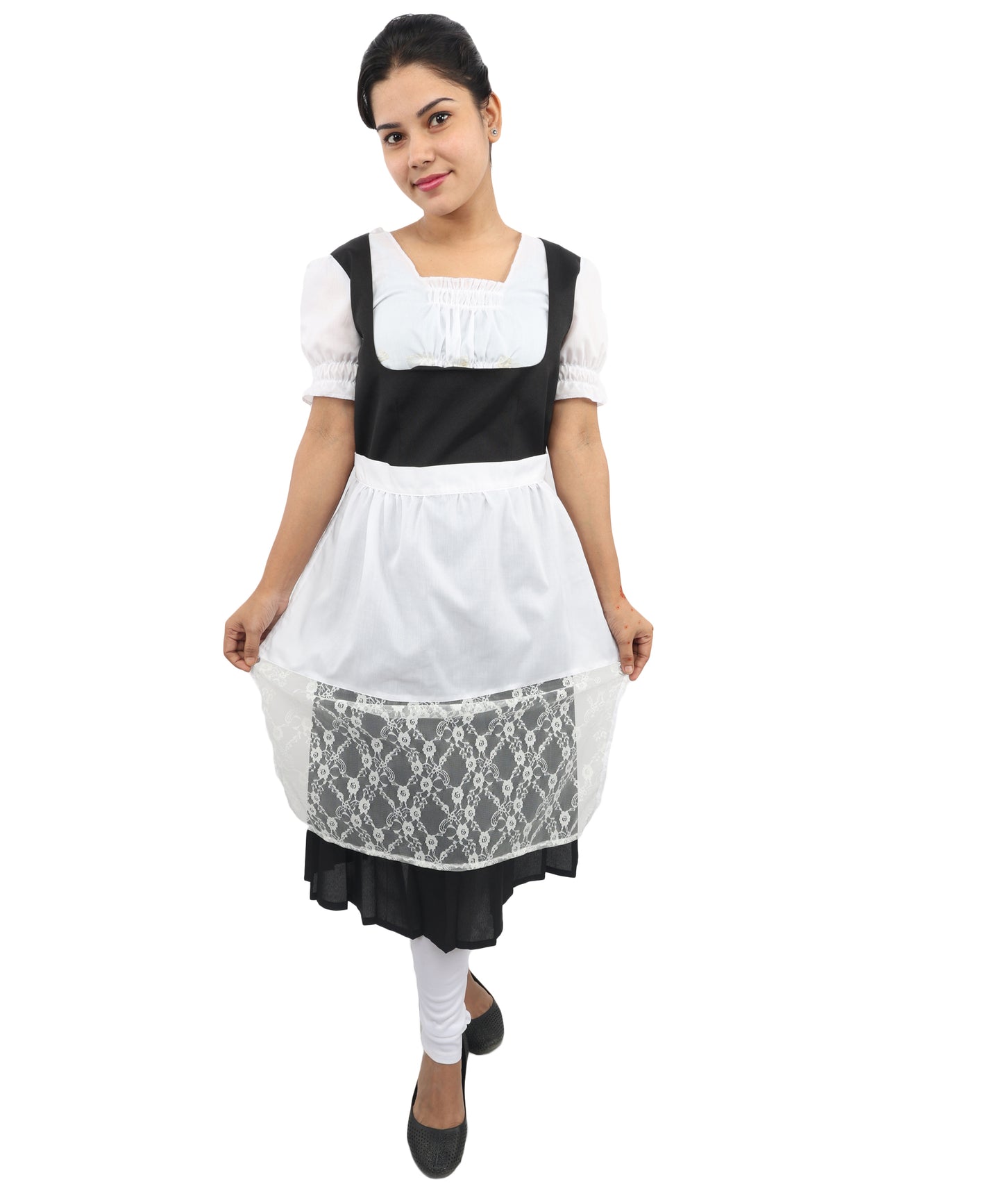 HPO Women's Long Black & White Dirndl Costume – German Traditional Party Dress for Women