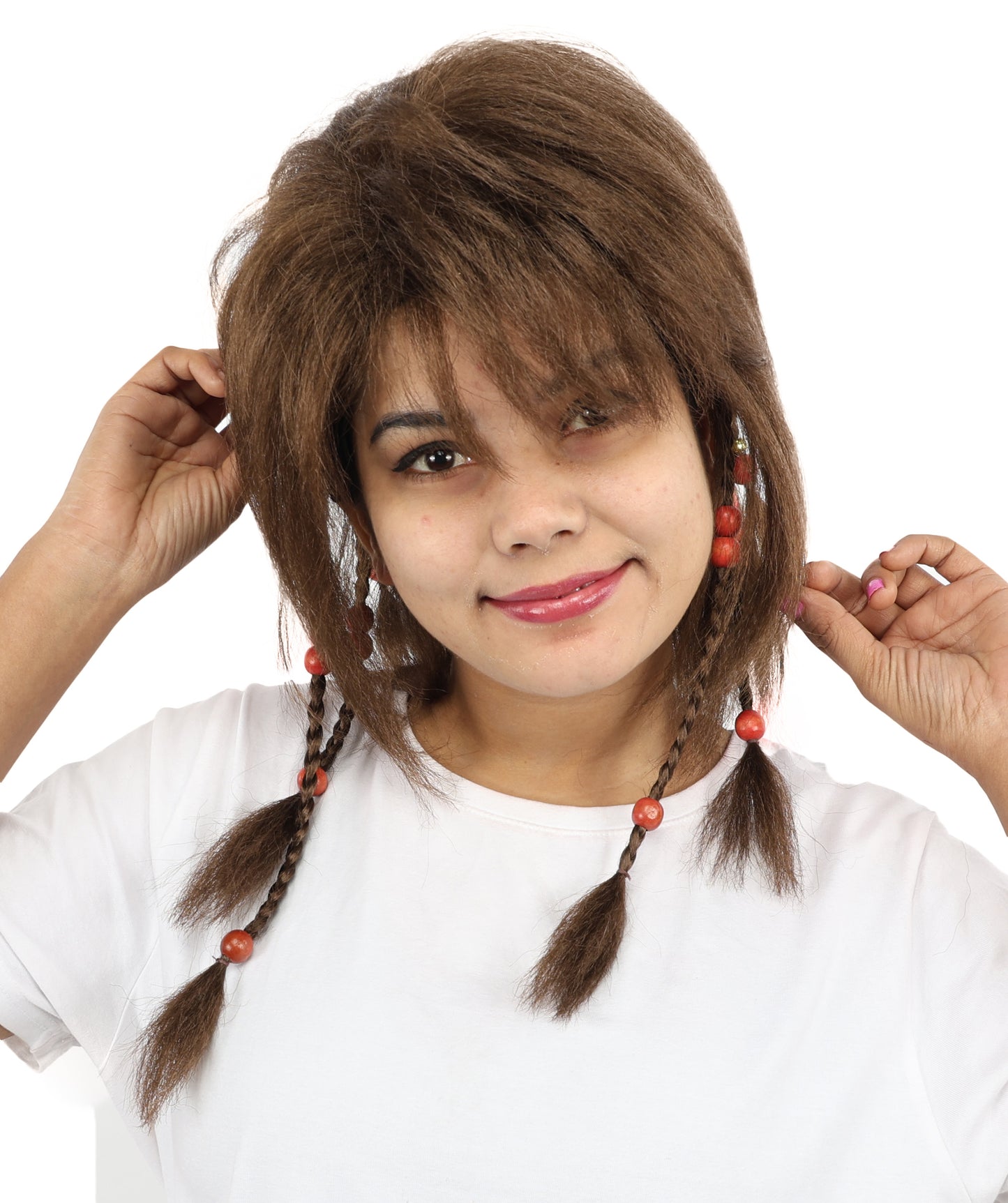 HPO Women's Long Tribal Braided Brown Wig | Dark Shaggy Bob with Beaded Strands, Synthetic Fiber & Breathable Cap | Halloween, Sci-Fi Roleplay, Fantasy Costume