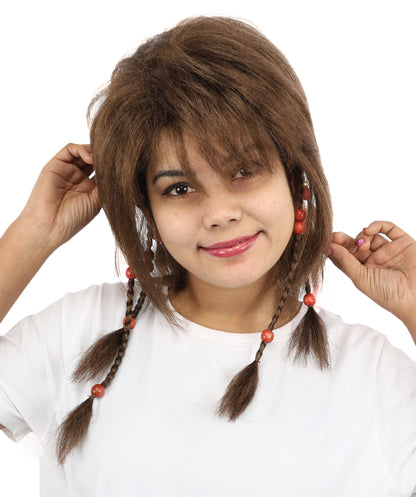 HPO Women's Long Tribal Braided Brown Wig | Dark Shaggy Bob with Beaded Strands, Synthetic Fiber & Breathable Cap | Halloween, Sci-Fi Roleplay, Fantasy Costume
