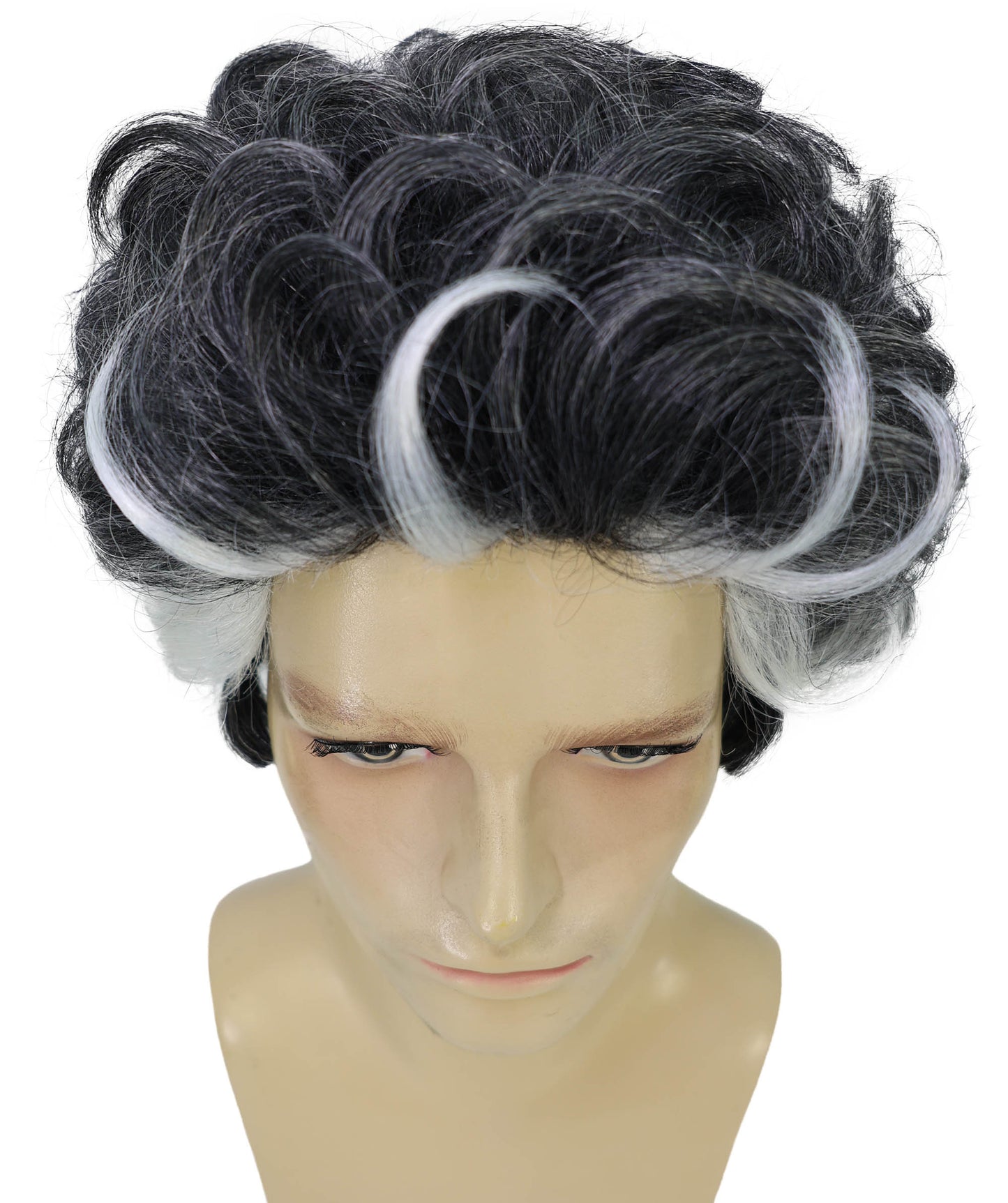 HPO Adult Men's Grey Short Wavy Wig with Highlights | Salt and Pepper Hair Wig for Halloween themed Party | Flame-retardant Synthetic Fiber