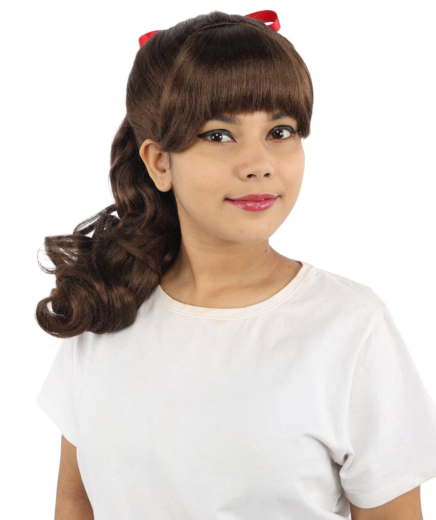 HPO Women's Spiral Ponytail Wig | Multicolor Options | High Updo with Red Ribbon Bow & Bangs, Heat Friendly Synthetic Fiber & Breathable Cap | Halloween, Christmas Event, Themed Party, Theater & Roleplay