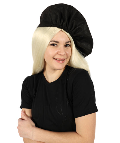 HPO Women's Chic Pop Icon Blonde Wig with Black Hat Sleek Style Elegant Layers and Bold Modern Flair Premium Breathable Capless Cap