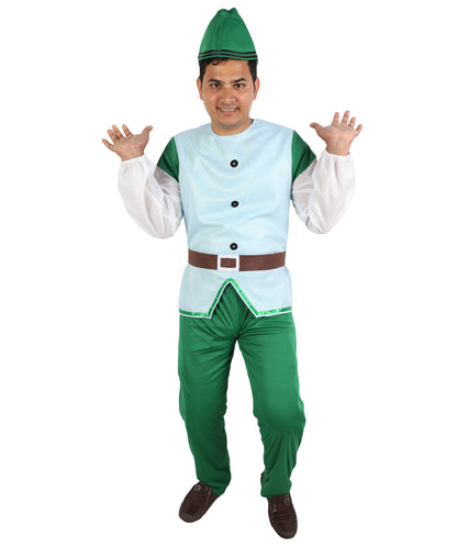 HPO  Men's Fairytale Dwarf Costume | Woodland Gnome Light Blue Vest Top Green Pants Set Pointed Hat Fake Beard | Halloween Cosplay Theater Drag Performance Costume Events