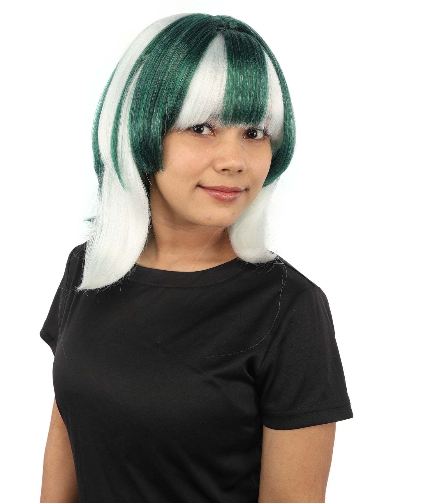 HPO Women's Geometric Character Wig | Deep emerald green with white accents, create of synthetic fiber, sleek straight bob with long framing strands, breathable base | Party, Halloween, theater, drag, performance, costume events