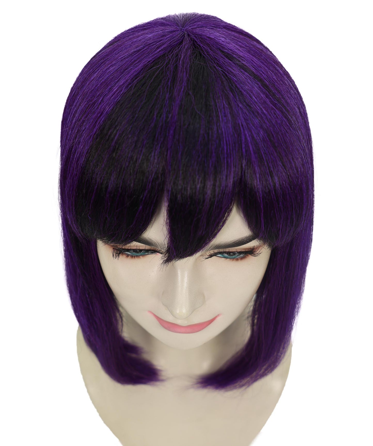 HPO Adult Women’s Anime-Inspired Medium Black Purple Bob Wig with Side Fringe | Straight Synthetic Cosplay Hair | Breathable Capless Cap Design