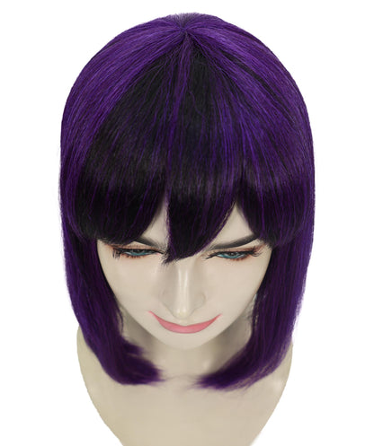 HPO Adult Women’s Anime-Inspired Medium Black Purple Bob Wig with Side Fringe | Straight Synthetic Cosplay Hair | Breathable Capless Cap Design