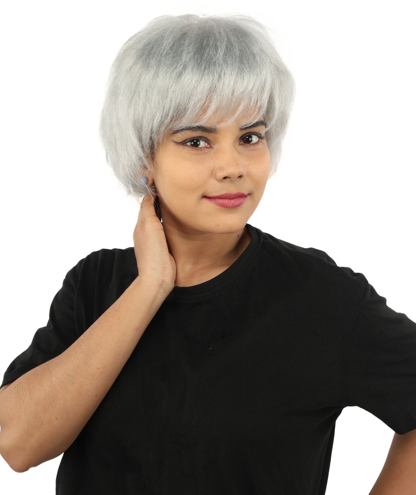 HPO Adult Women's Short Silver White Pixie Wig  | Edgy Layered Cut with Bangs | Synthetic Hair Wig for Stage Fashion, Cosplay, Halloween & Bold Party Looks