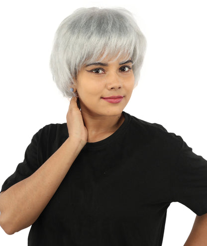 HPO Adult Women's Short Silver White Pixie Wig  | Edgy Layered Cut with Bangs | Synthetic Hair Wig for Stage Fashion, Cosplay, Halloween & Bold Party Looks