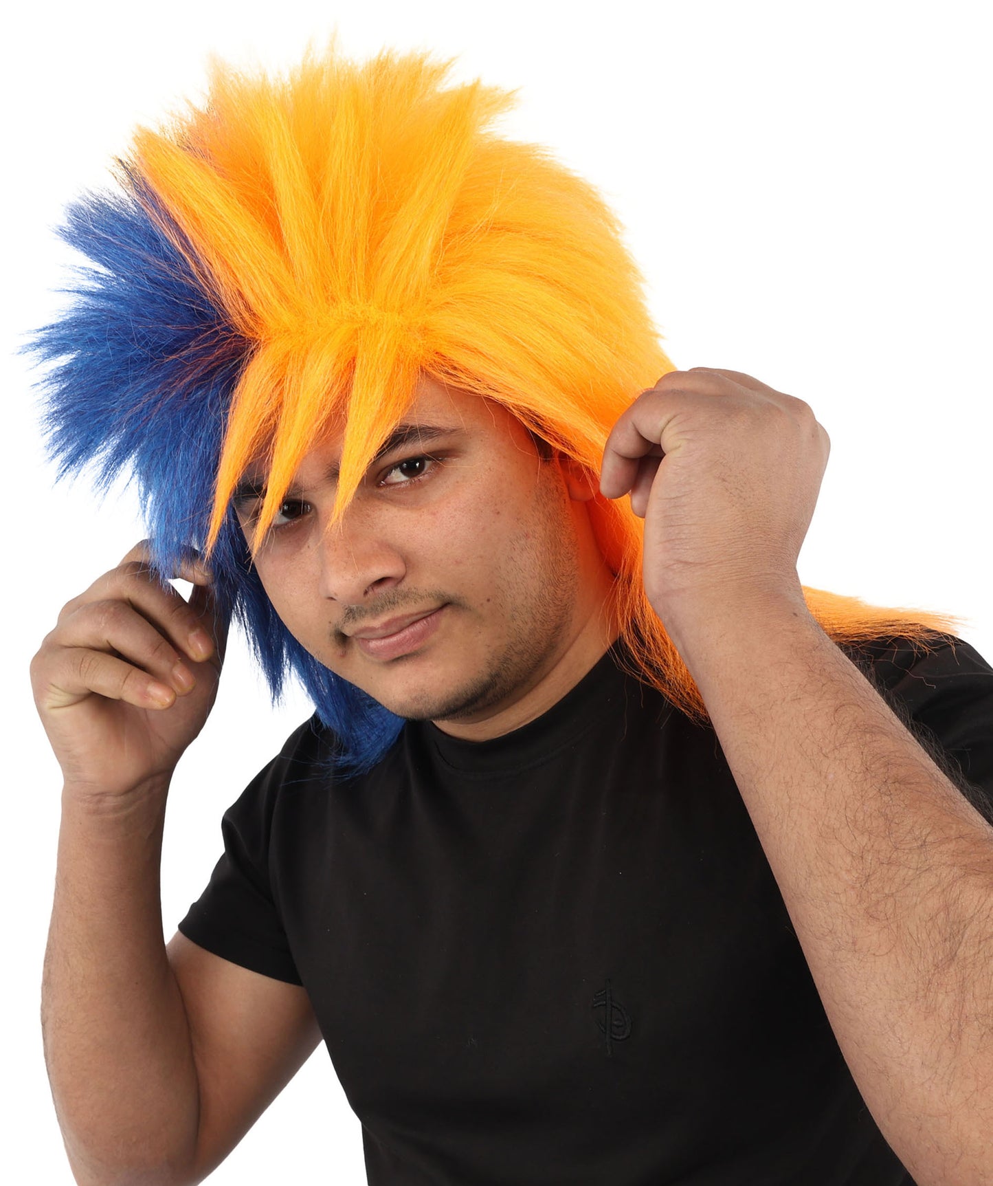 HPO Men's Navy Blue and Orange Sports Wig | Split Color Spiky Shag Style Flame-retardant Synthetic Fiber | Halloween Themed Party American Football Fan Gear