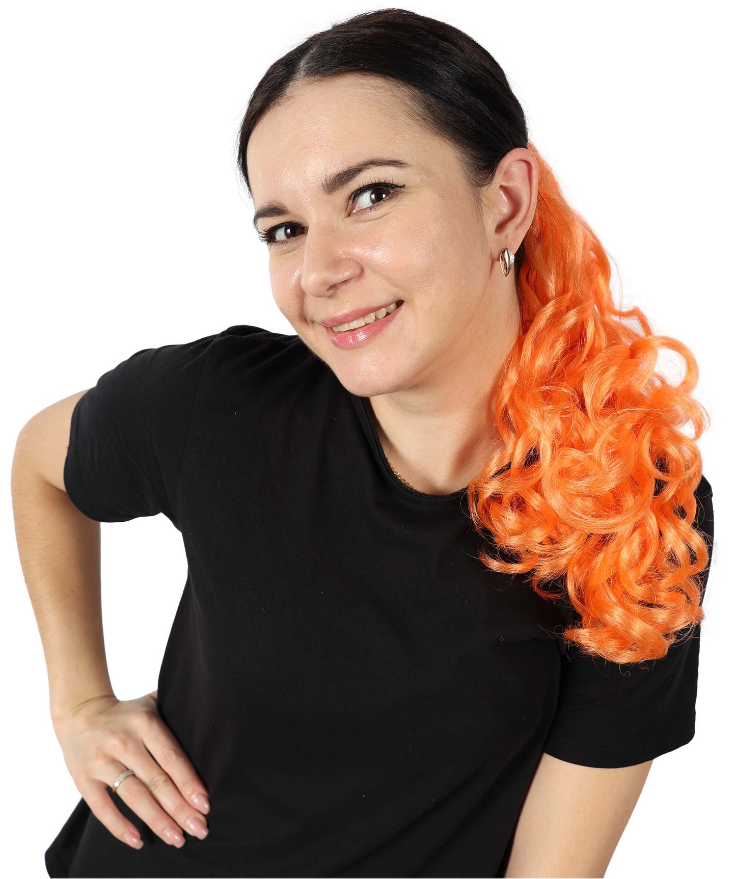 HPO Women’s Vibrant Orange Long Curly Ponytail Hair Extension | Heat-Resistant Synthetic Clip-In Hairpiece | High Volume Wavy Pony for Costume, Cosplay & Halloween