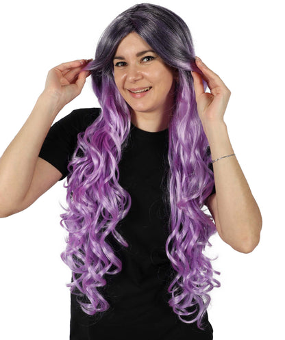 HPO Adult Women's Extra Long Curly Black & Purple Glamour Gothic Wig | Halloween and Cosplay Wig | Flame-retardant Synthetic Fiber |