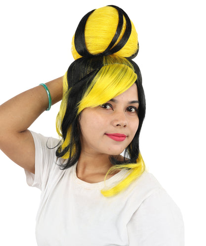 HPO Women's Two Tone High Bun Wig | Black and yellow synthetic fibers with tall structural top knot sweeping side bangs and capless base | Essential for theatrical stage drag performance costume events and party