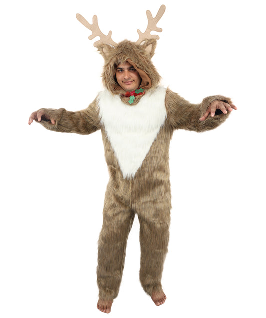 HPO Unisex Reindeer Brown & White Costume | Plush Holiday Outfit with Antlers & Hoof Gloves | Perfect for Christmas, Parties & Festive Events