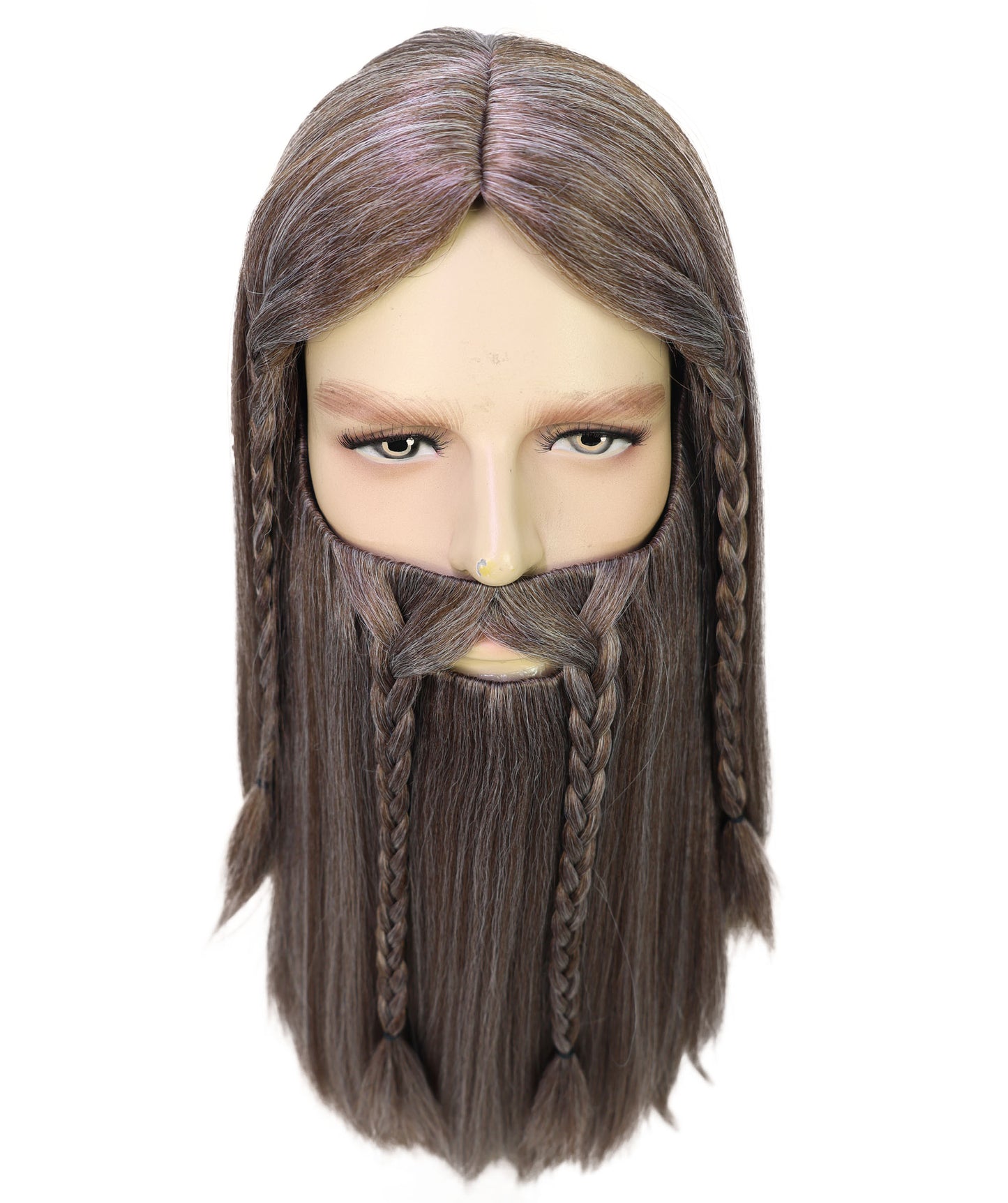 HPO Men’s Deluxe Long Wig & Beard Mustache Set | Ash Brown Braided Viking Style Costume Hair | Ideal for Halloween | Breathable Capless Cap
