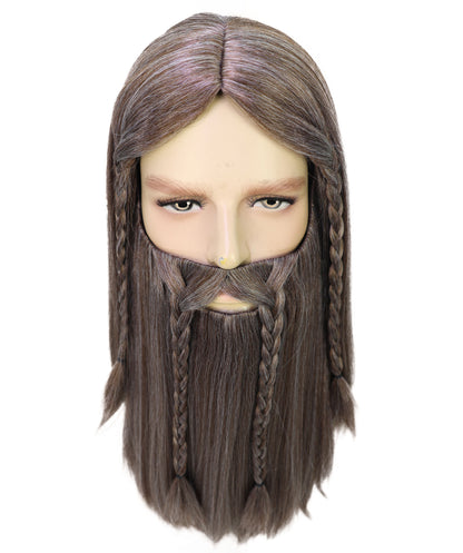 HPO Men’s Deluxe Long Wig & Beard Mustache Set | Ash Brown Braided Viking Style Costume Hair | Ideal for Halloween | Breathable Capless Cap