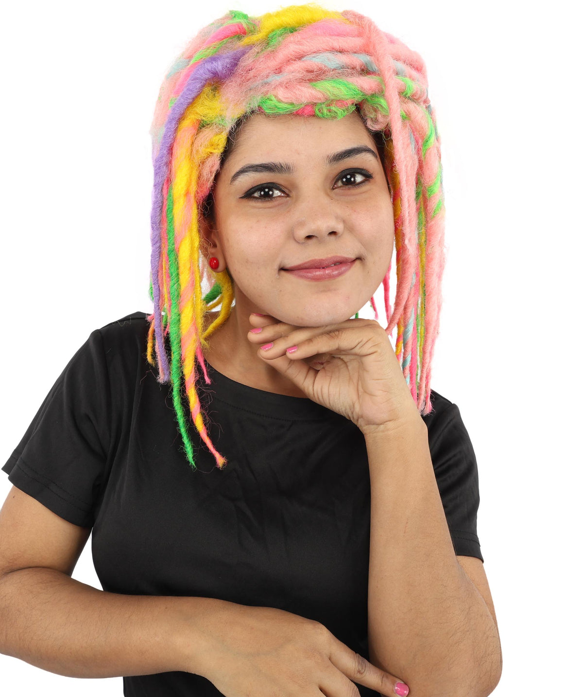 Women's Neon Cyber Goth Wool Dreadlock Wig | UV Reactive Multicolor Braids | Festival Rave Hairpiece, Halloween Costume and Club Wear Accessory