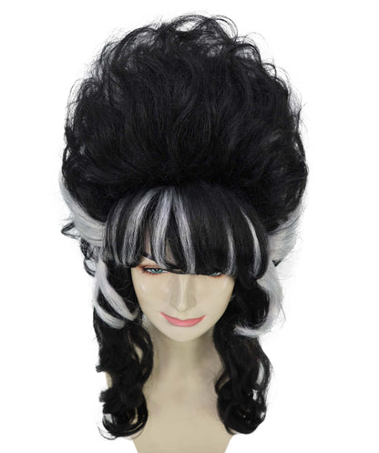 HPO Adult Frankenstein Beehive Wig for Women | Halloween Updo Wig with White Streaks | Black Synthetic Hair | Flame-Retardant | Capless Cap | Horror Bride Costume Wig