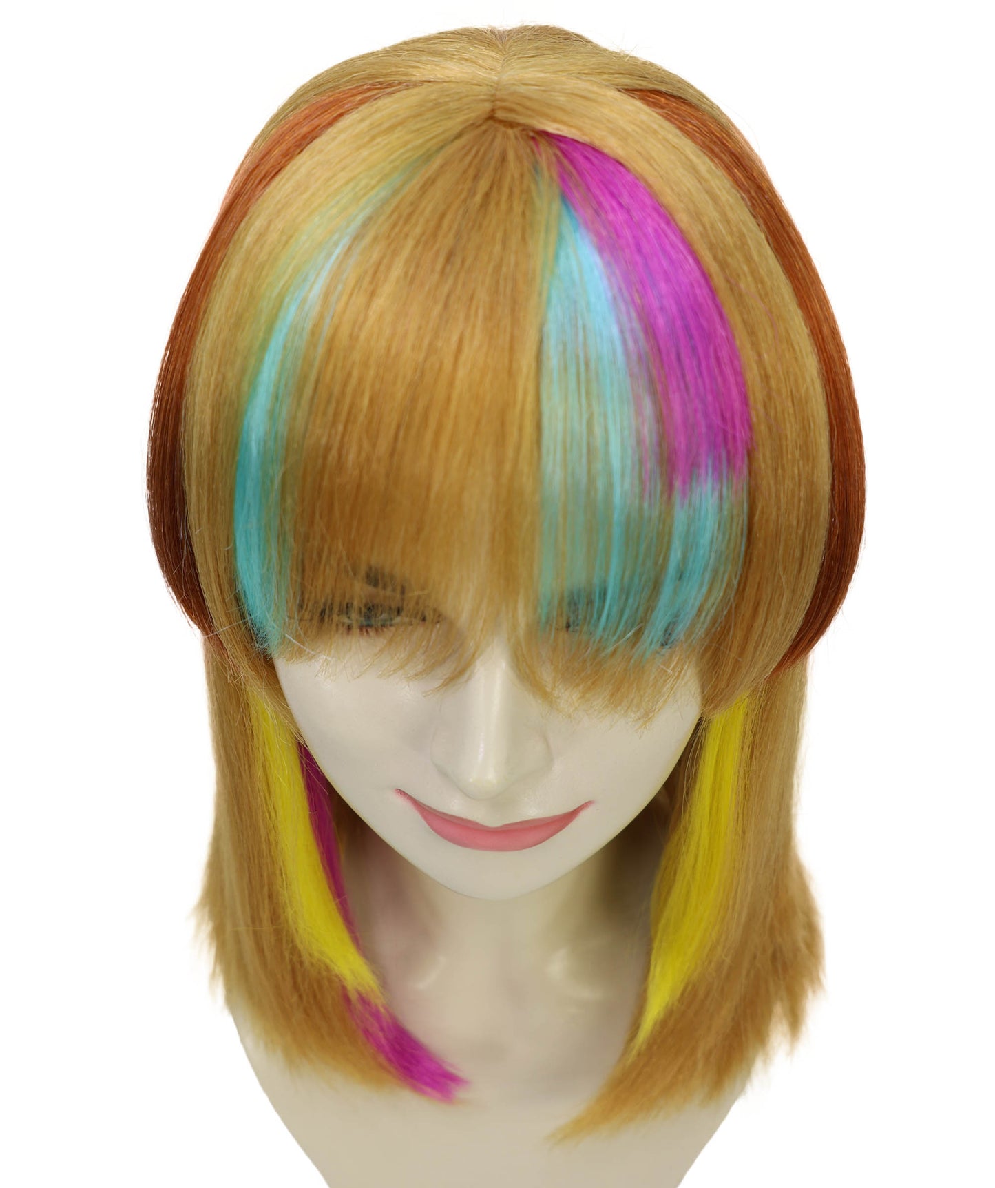 HPO Adult Women’s Vibrant Rainbow Fringe Wig | Bob with Colorful Streaks for Fashion | Breathable Capless Cap