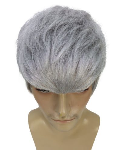 HPO Men's Futuristic Spiky Grey Fighter Wig | Short Textured Cosplay Hairpiece | Combat-Inspired Costume Wig for Halloween, Cosplay, Stage Acts & Themed Events