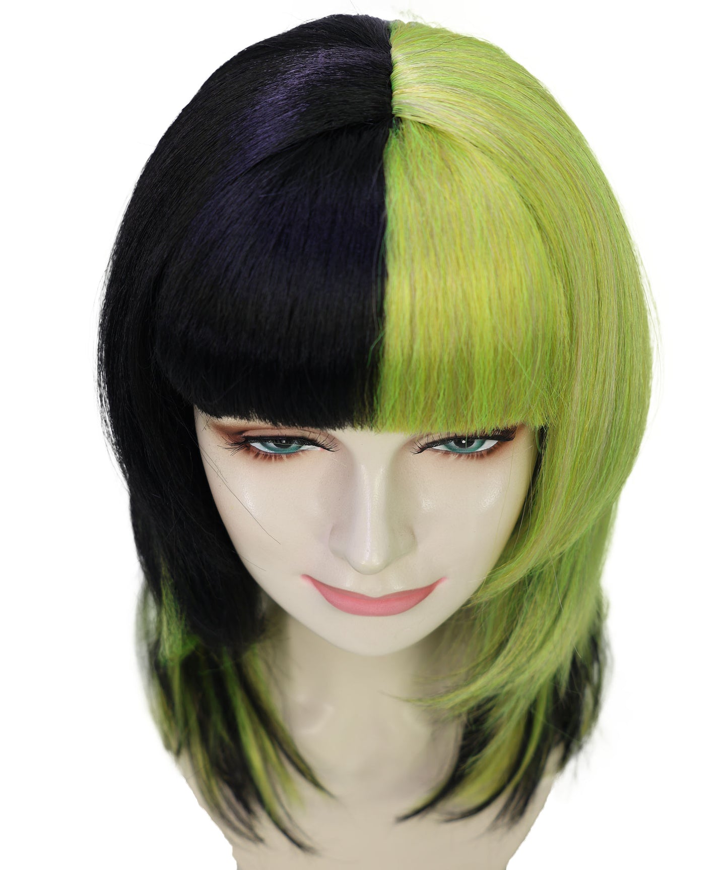HPO Adult Short Lolita Straight Wig with Bangs for Women | Green & Black Highlighted Synthetic Wig | Breathable Cap for Daily Wear & Halloween Looks