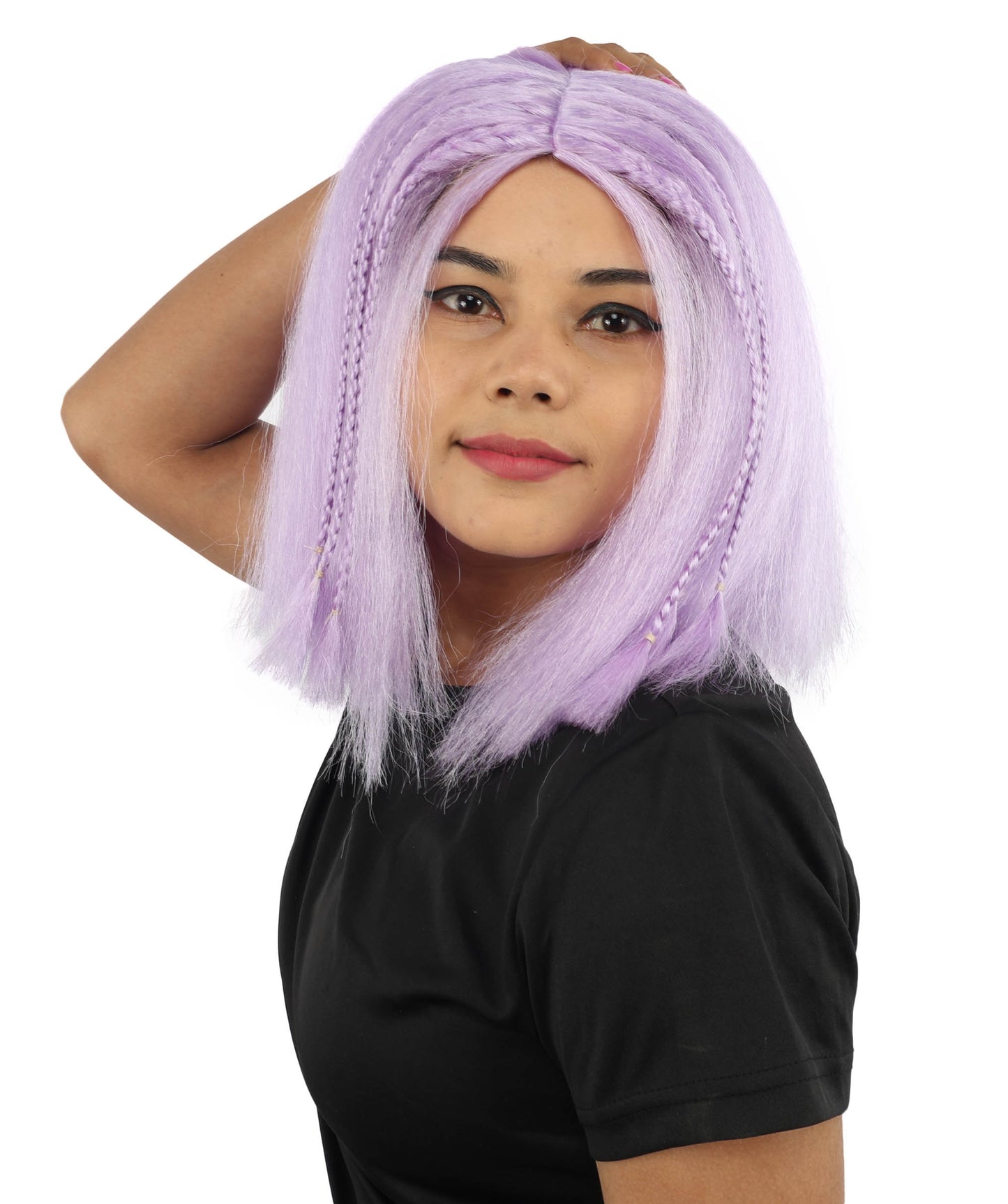 HPO Celebrity-Style 11 Inch Green Rooted Blonde Front Braided Straight Wig | Shoulder-Length Fun, Bold, and Stylish Hairpiece  | Ideal for Halloween, Cosplay, and Themed Parties